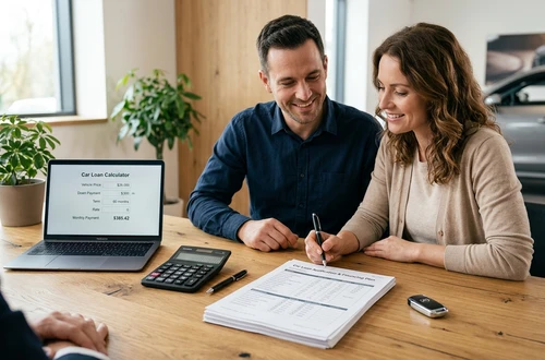 Meridian loan advisor reviewing documents with client